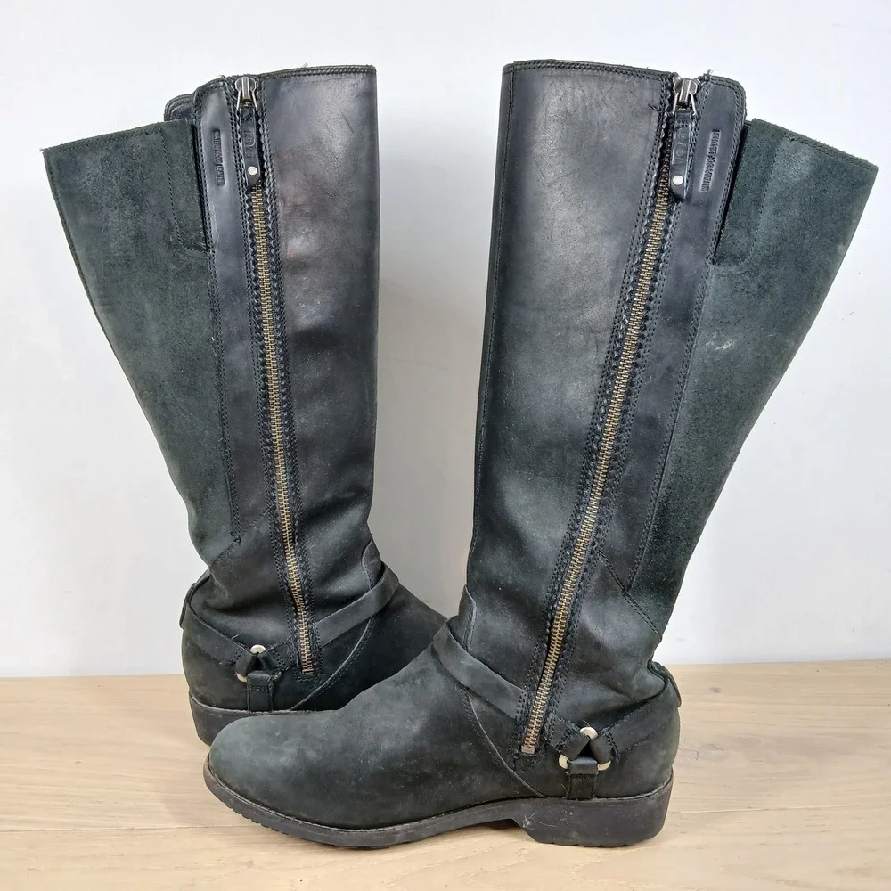 Teva Boots Womens 9.5 Black Leather Tall Zip Utility Outdoorsy HarnessDtails